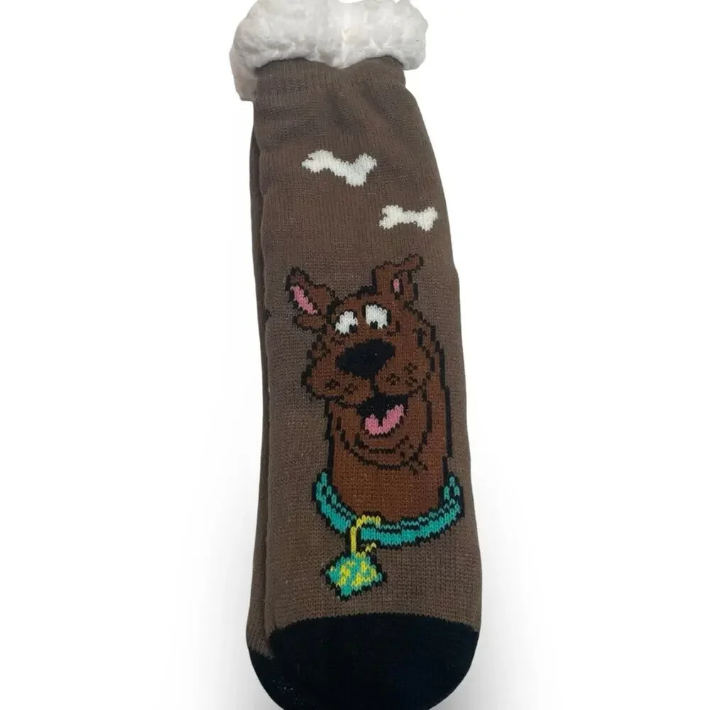 Scooby-Doo Sherpa Lined Slipper Socks Brown Teal Collar Dog Bones NWT One Size